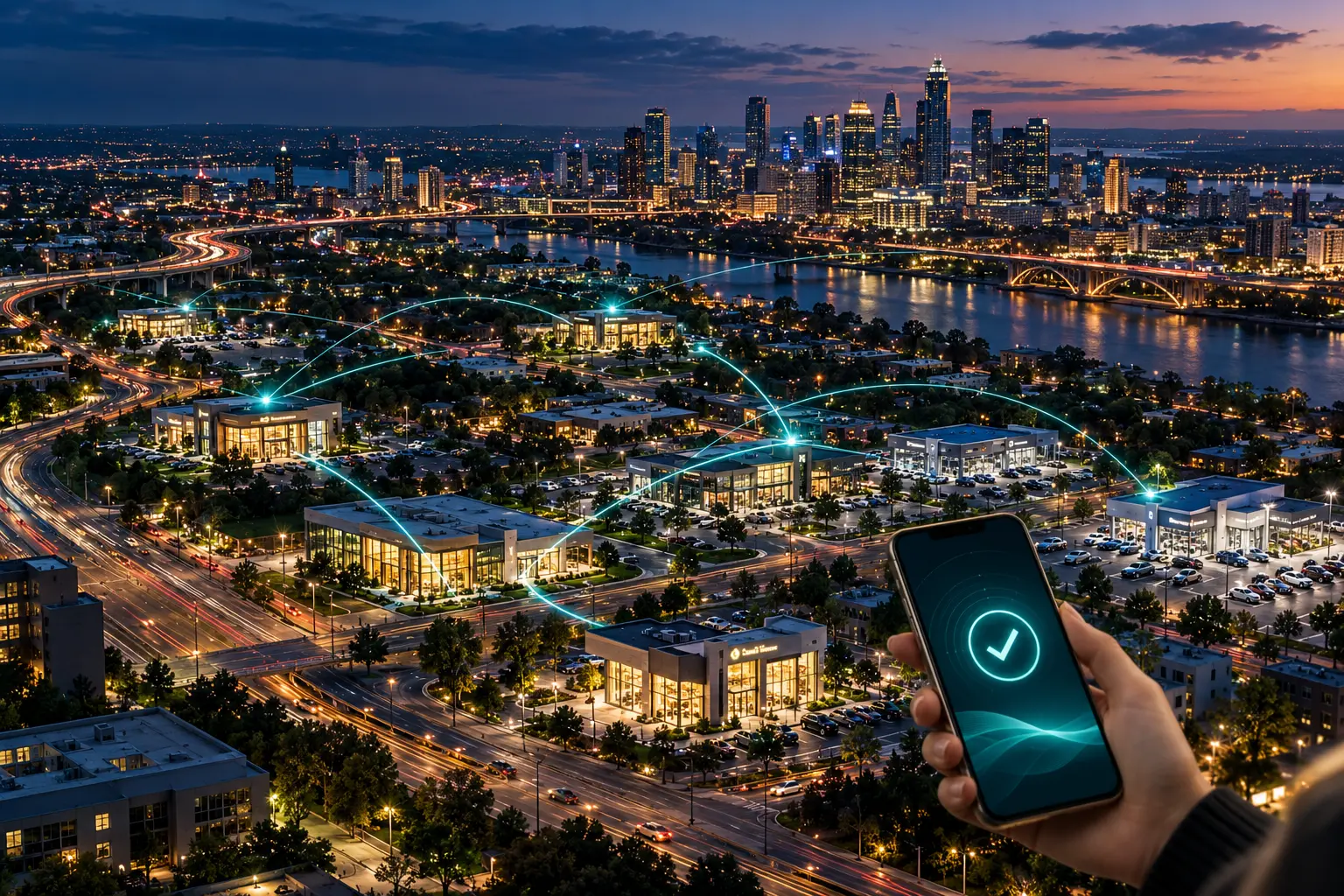 Conceptual citywide network connecting branches and dealerships, with a member holding a phone.