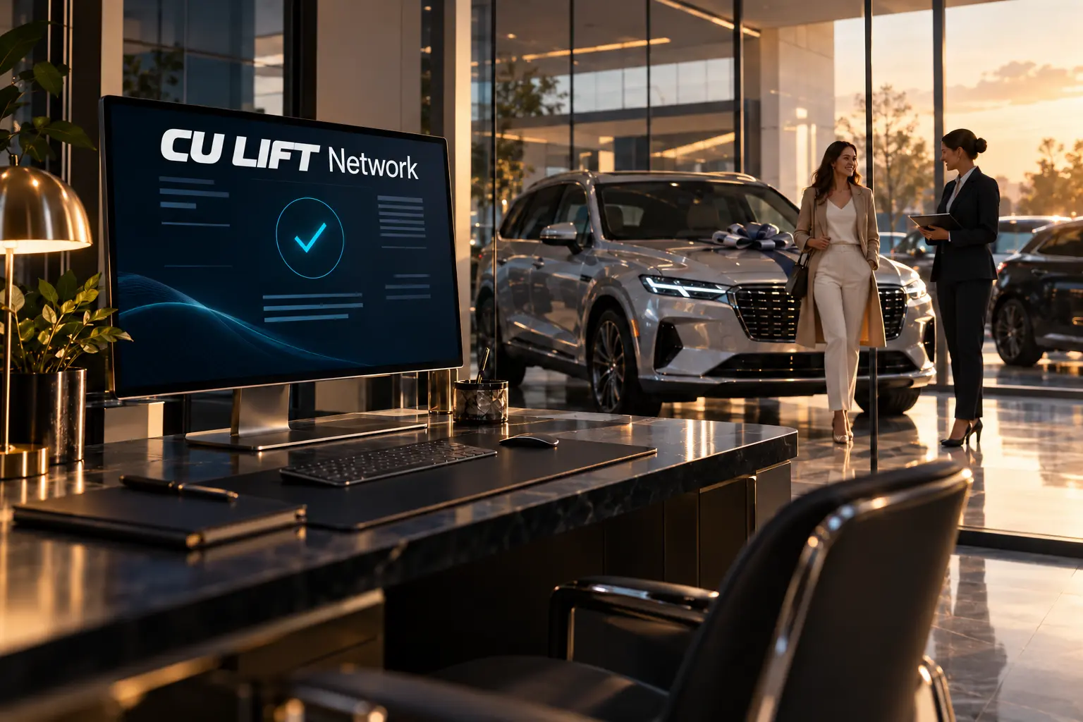 A customer and advisor beside a vehicle, with an approval screen in the foreground.