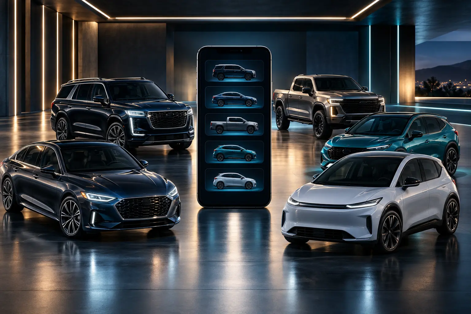 Five vehicles arranged around a smartphone in a cinematic digital garage.