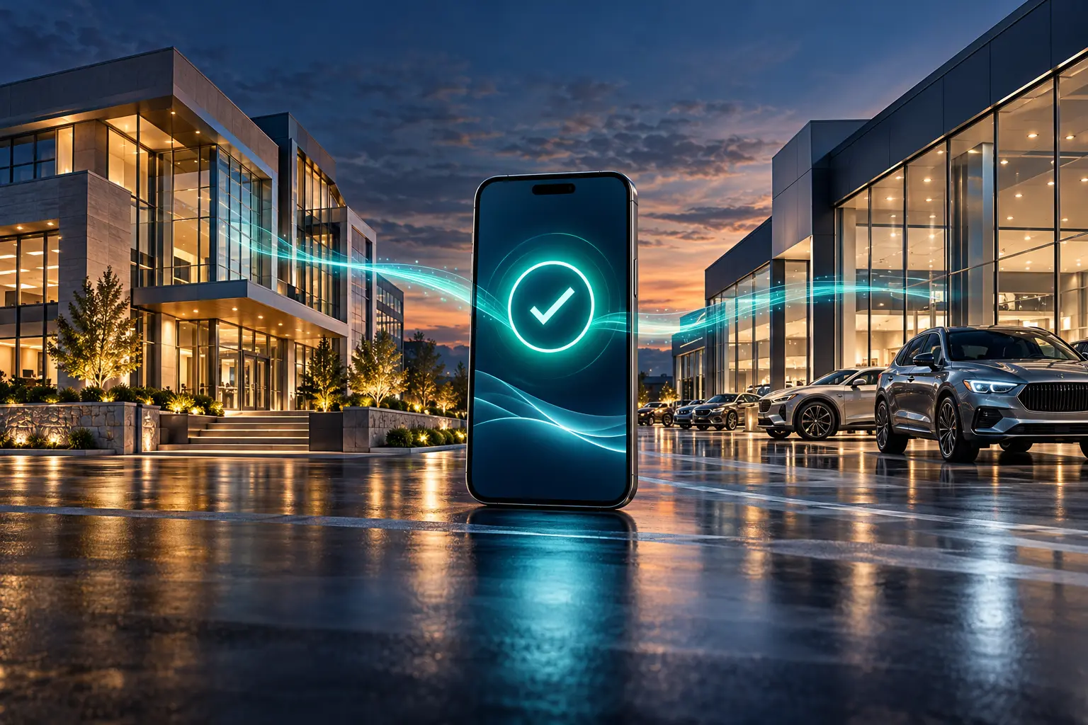 Conceptual image connecting a credit union, a smartphone approval and a franchise dealership.